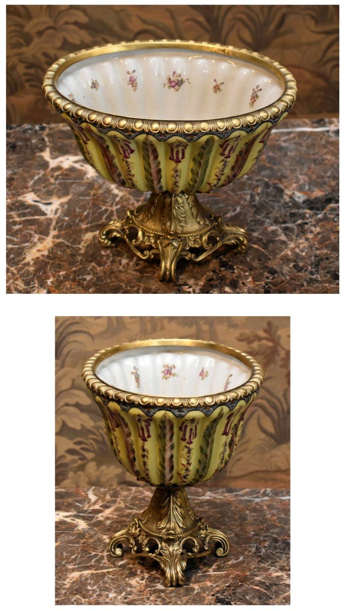 Coupe En Faïence Craquelée Sur Pied Bronze , Décor Floral Et Godrons-photo-4