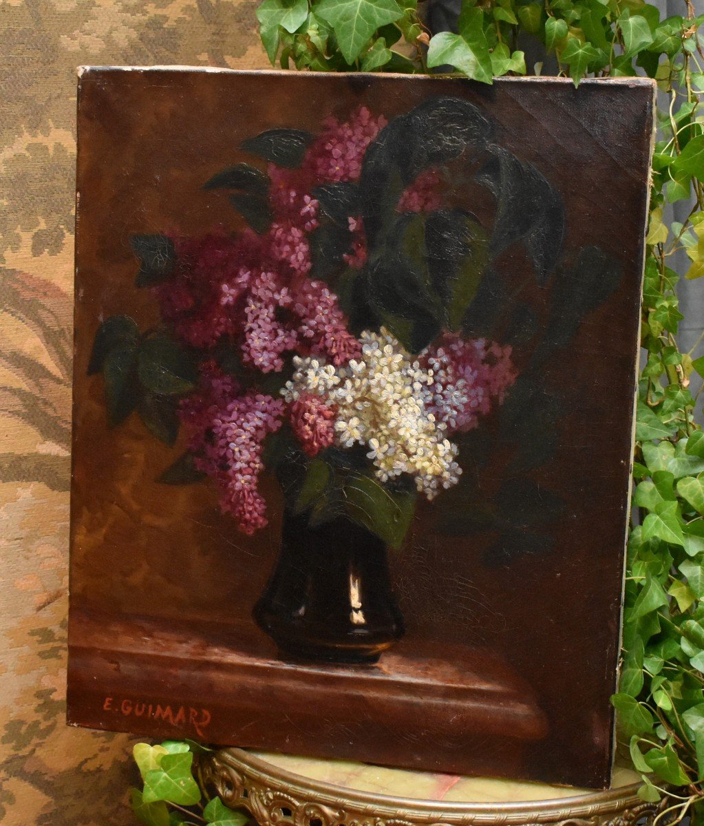 Peinture Bouquet De Fleurs Aux Lilas, Tableau Signé E. Guimard, Huile Sur Toile Nature Morte sur entablement.-photo-2