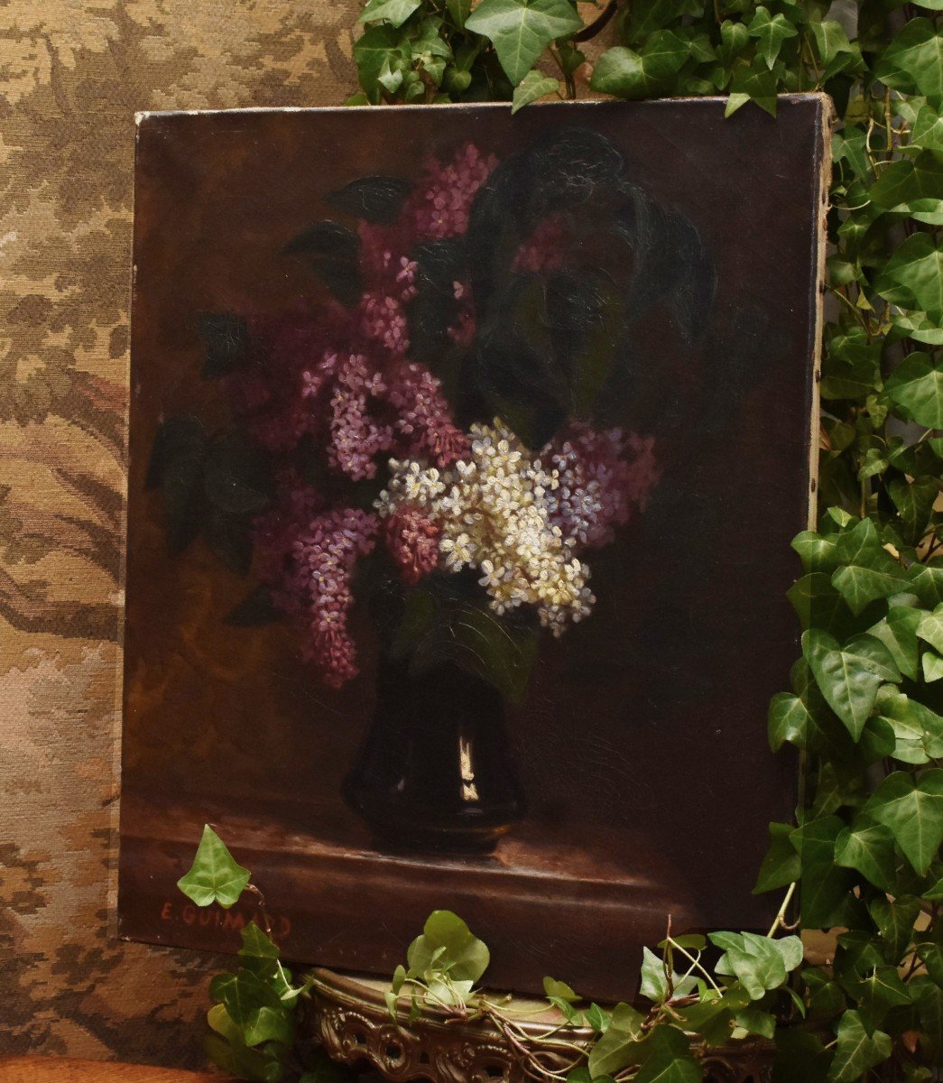 Peinture Bouquet De Fleurs Aux Lilas, Tableau Signé E. Guimard, Huile Sur Toile Nature Morte sur entablement.-photo-3