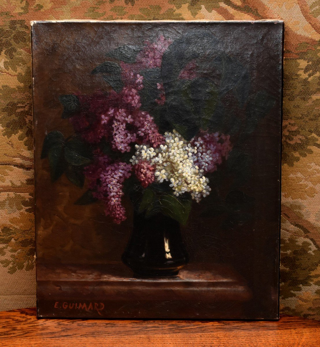 Peinture Bouquet De Fleurs Aux Lilas, Tableau Signé E. Guimard, Huile Sur Toile Nature Morte sur entablement.-photo-4