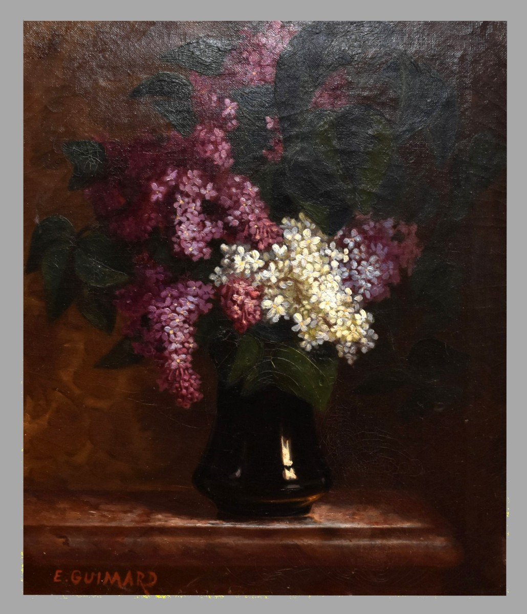 Peinture Bouquet De Fleurs Aux Lilas, Tableau Signé E. Guimard, Huile Sur Toile Nature Morte sur entablement.-photo-1