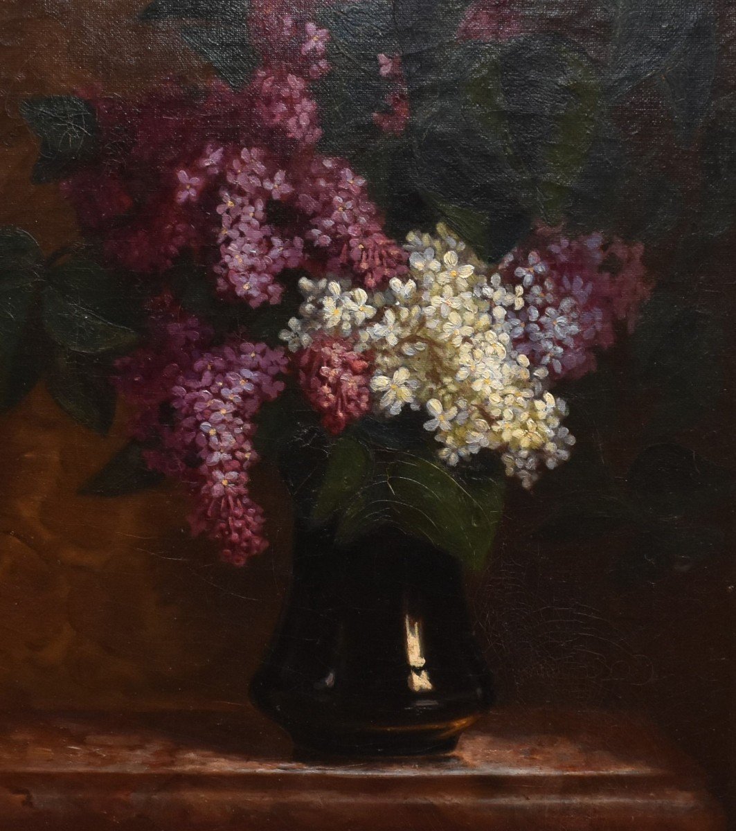 Peinture Bouquet De Fleurs Aux Lilas, Tableau Signé E. Guimard, Huile Sur Toile Nature Morte sur entablement.-photo-2