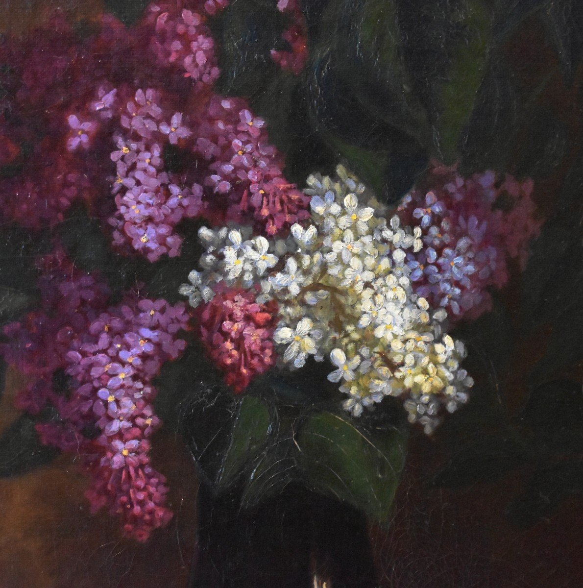 Peinture Bouquet De Fleurs Aux Lilas, Tableau Signé E. Guimard, Huile Sur Toile Nature Morte sur entablement.-photo-4