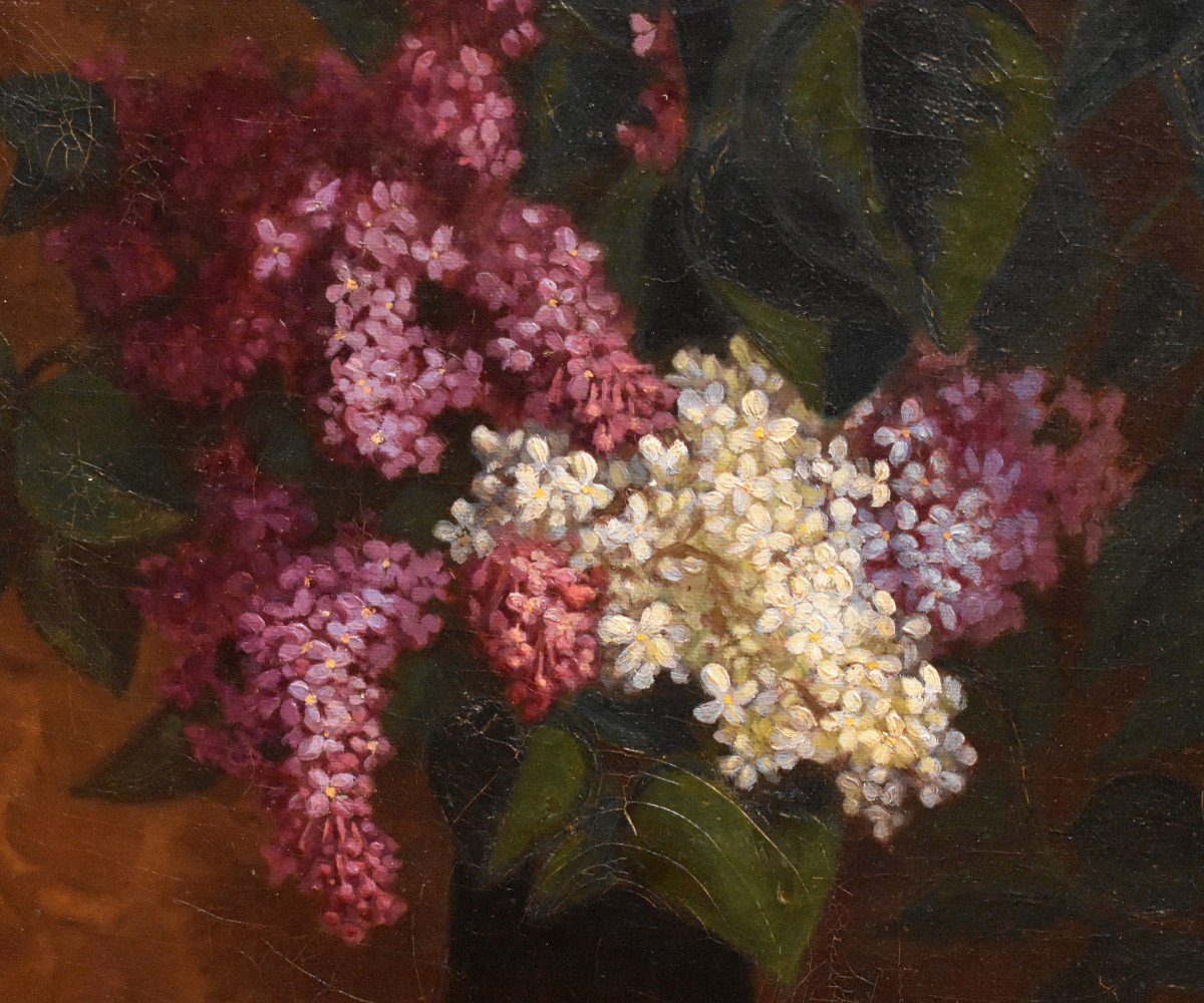 Peinture Bouquet De Fleurs Aux Lilas, Tableau Signé E. Guimard, Huile Sur Toile Nature Morte sur entablement.-photo-5