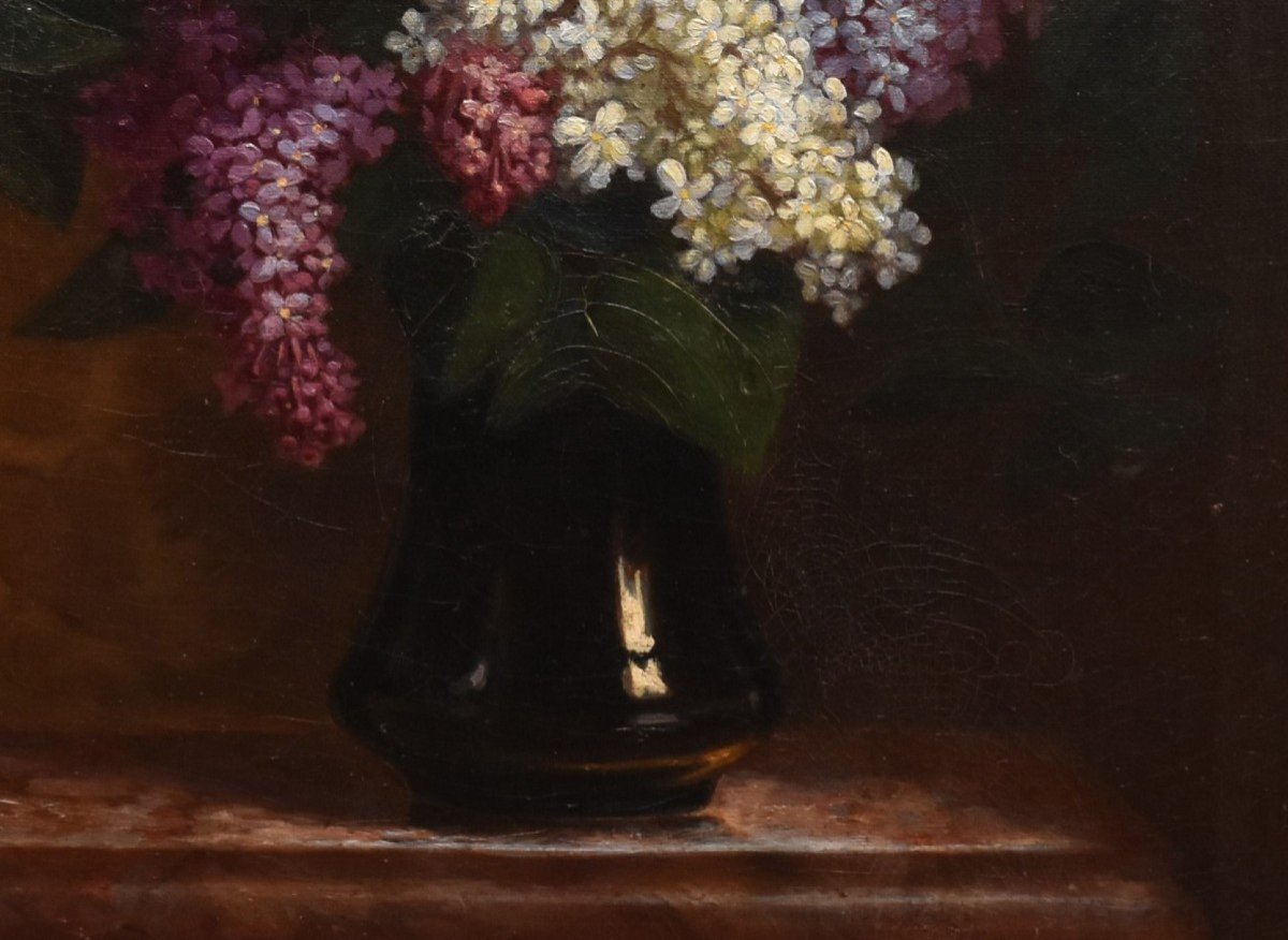 Peinture Bouquet De Fleurs Aux Lilas, Tableau Signé E. Guimard, Huile Sur Toile Nature Morte sur entablement.-photo-6