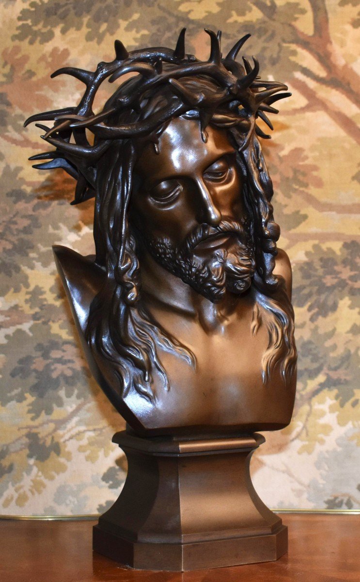 François Rude , Buste En Bronze,  Sculpture Tête Du Christ et sa  Couronne d'épines  , cachet du fondeur Charles Fumière - Thiebaut Frères-photo-2