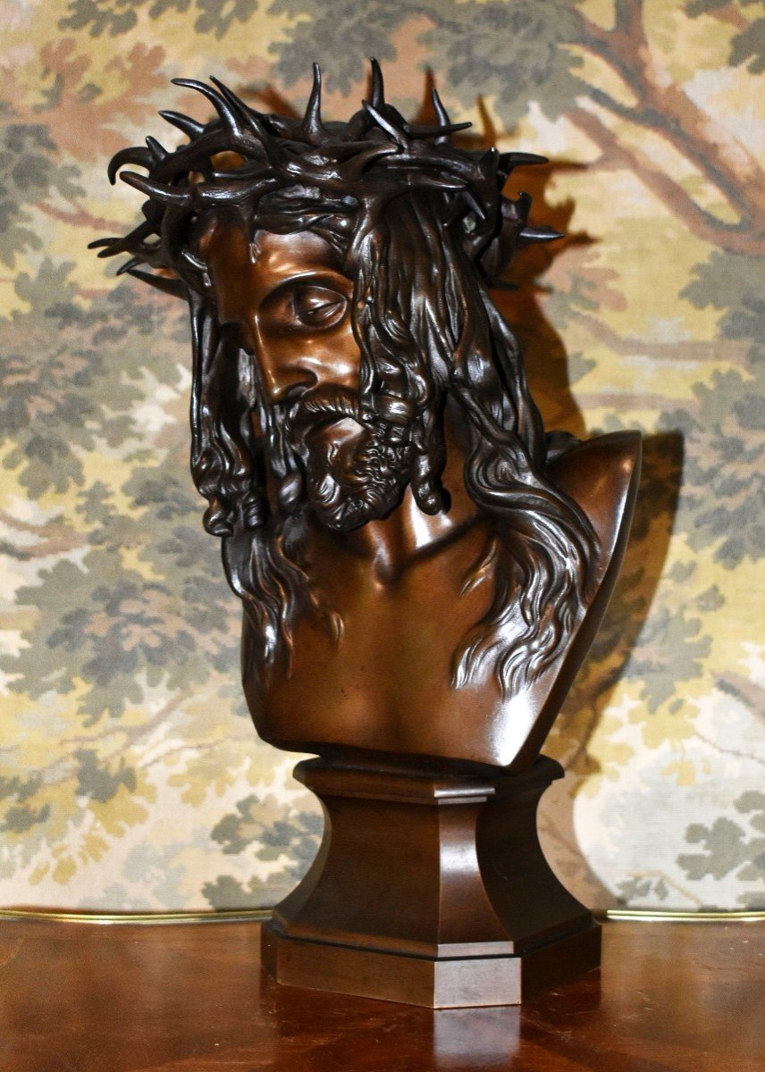 François Rude , Buste En Bronze,  Sculpture Tête Du Christ et sa  Couronne d'épines  , cachet du fondeur Charles Fumière - Thiebaut Frères-photo-3