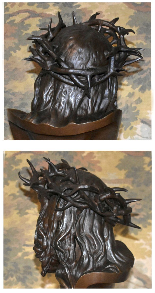François Rude , Buste En Bronze,  Sculpture Tête Du Christ et sa  Couronne d'épines  , cachet du fondeur Charles Fumière - Thiebaut Frères-photo-3