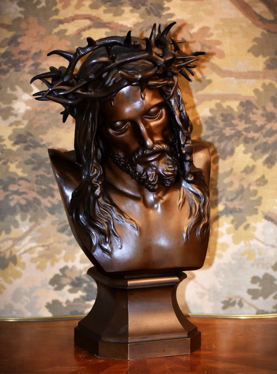 François Rude , Buste En Bronze,  Sculpture Tête Du Christ et sa  Couronne d'épines  , cachet du fondeur Charles Fumière - Thiebaut Frères