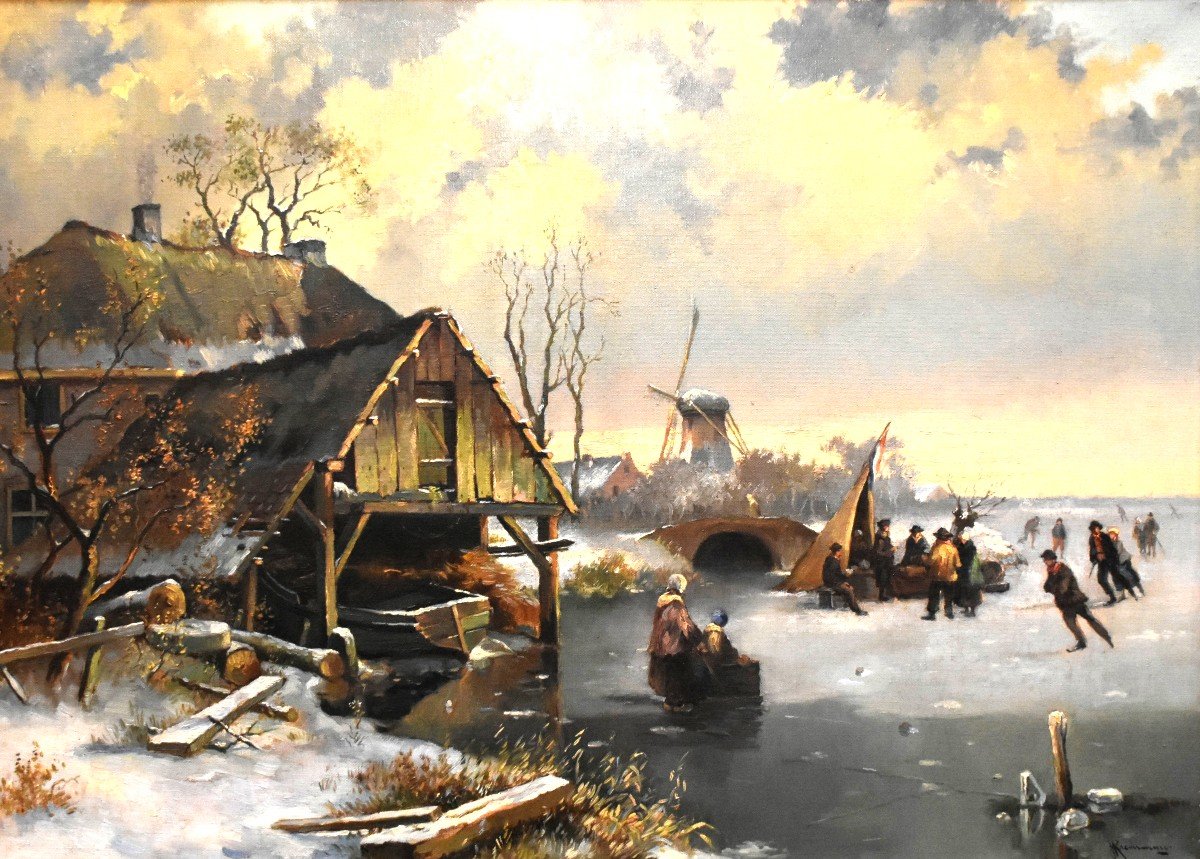 Winter Landscape, Animated Scene On Frozen Lake, Skating And Sliding, Northern School, Flemish,-photo-2