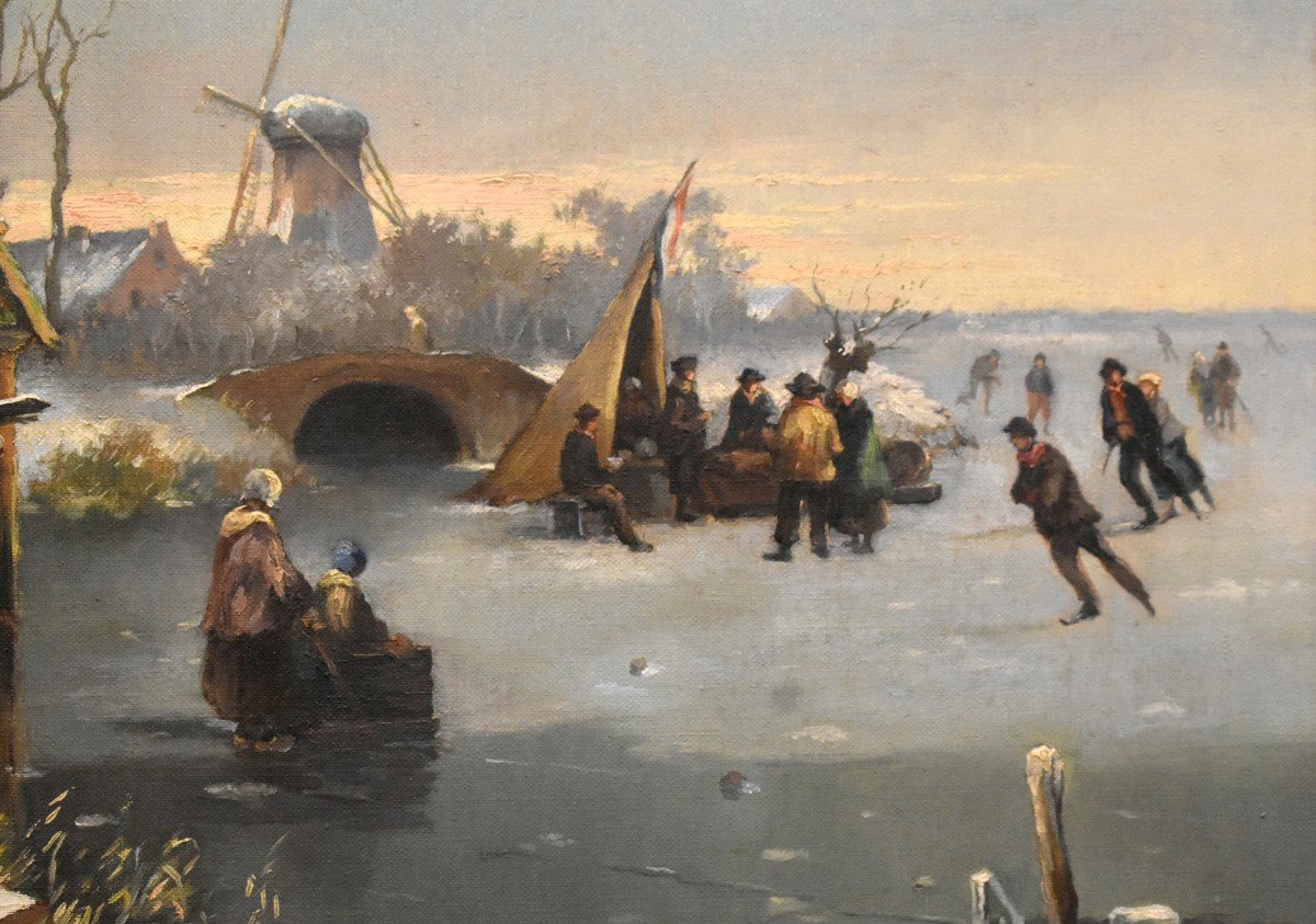 Winter Landscape, Animated Scene On Frozen Lake, Skating And Sliding, Northern School, Flemish,-photo-3