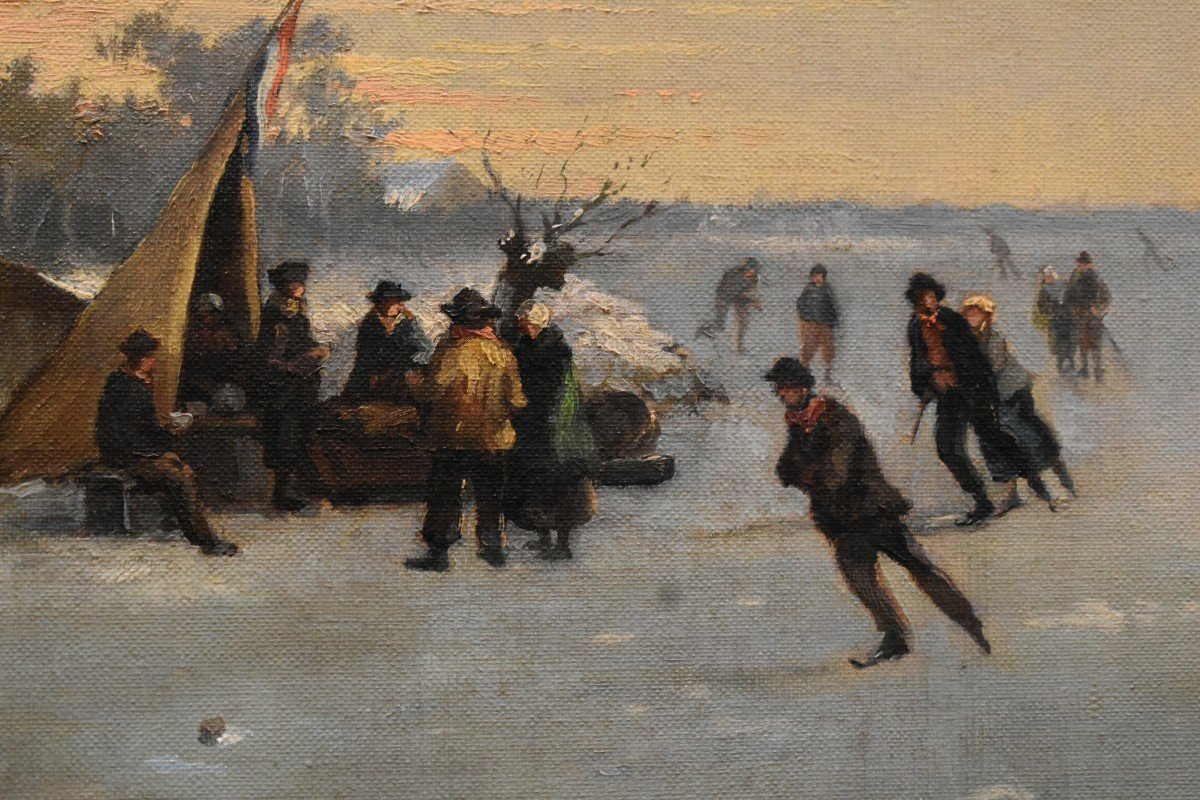 Winter Landscape, Animated Scene On Frozen Lake, Skating And Sliding, Northern School, Flemish,-photo-4