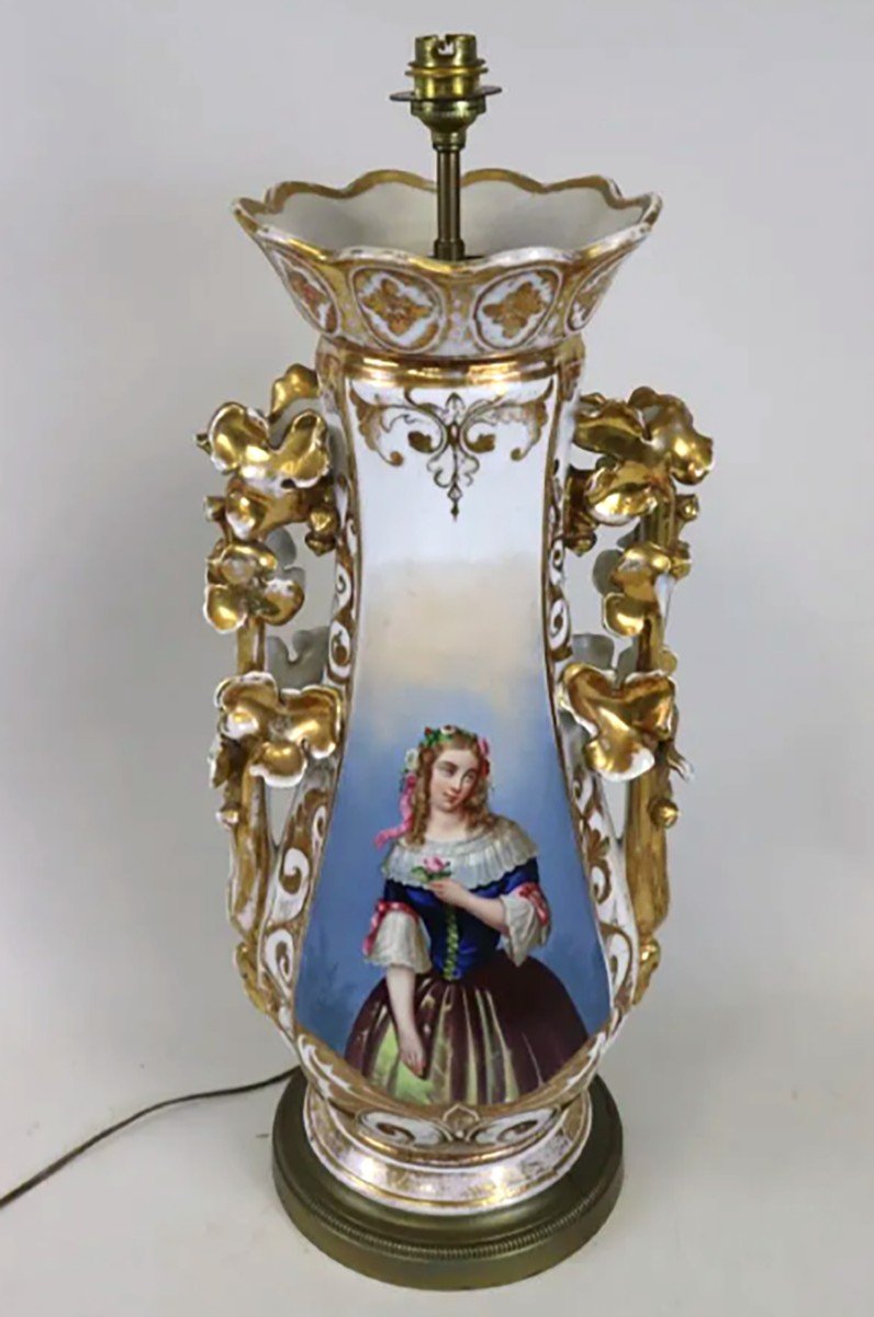 Important Pied De Lampe En Porcelaine Limoges Ou Vieux Paris, époque Louis Philippe , XIXème . décor peint à la main, portrait de jeune femme.-photo-4