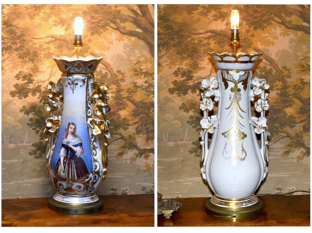 Important Pied De Lampe En Porcelaine Limoges Ou Vieux Paris, époque Louis Philippe , XIXème . décor peint à la main, portrait de jeune femme.-photo-1