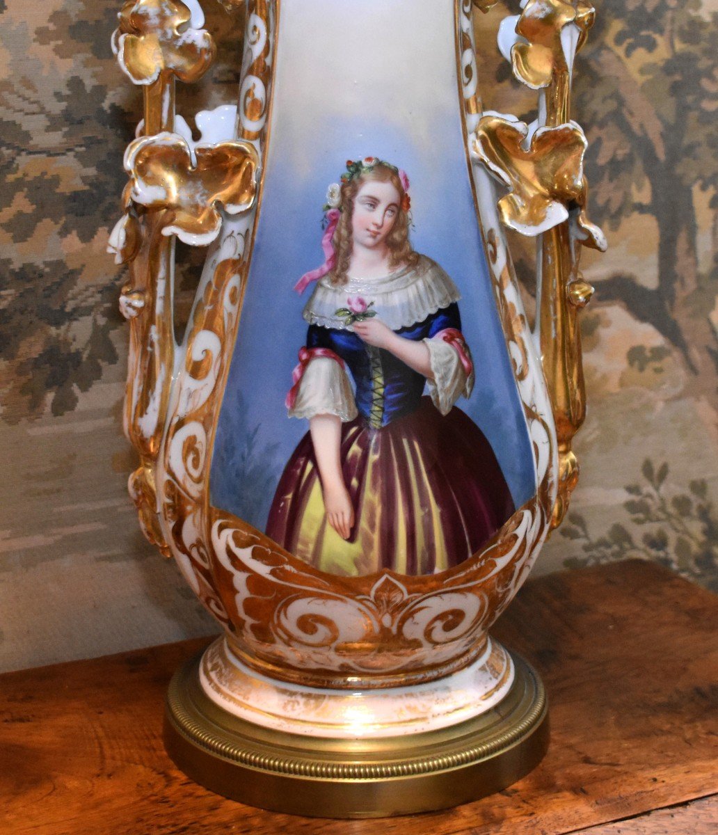 Important Pied De Lampe En Porcelaine Limoges Ou Vieux Paris, époque Louis Philippe , XIXème . décor peint à la main, portrait de jeune femme.-photo-3