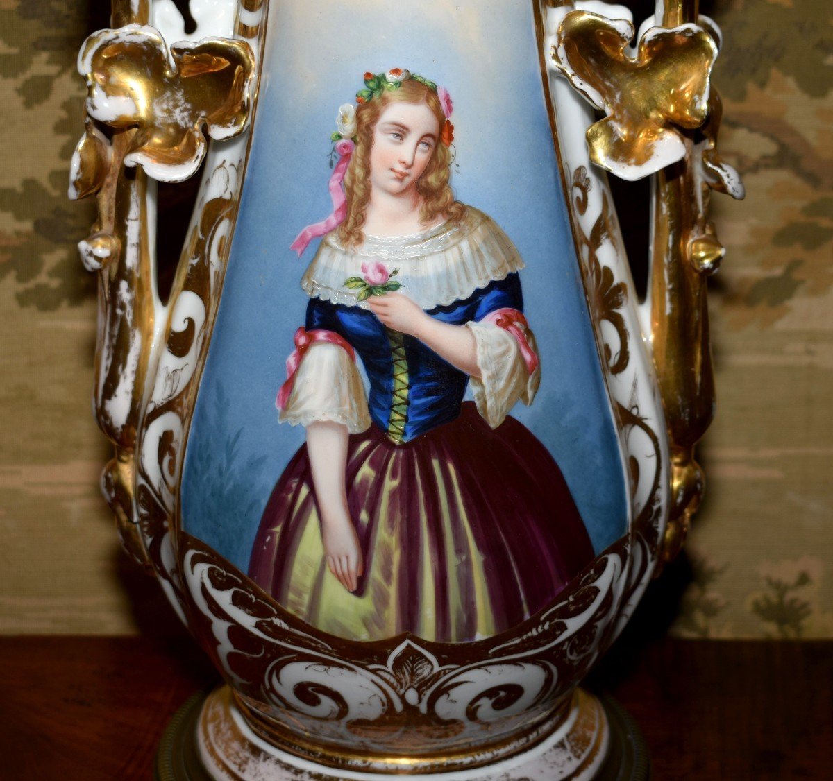 Important Pied De Lampe En Porcelaine Limoges Ou Vieux Paris, époque Louis Philippe , XIXème . décor peint à la main, portrait de jeune femme.-photo-4