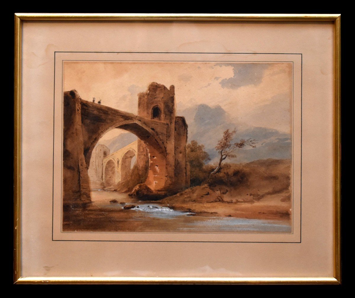 Aquarelle encadrée , Ecole Française De La Fin Du XIXe, Paysage Avec Pont et  Ruines Animés, petit cours d'eau ,  cadre doré.-photo-3