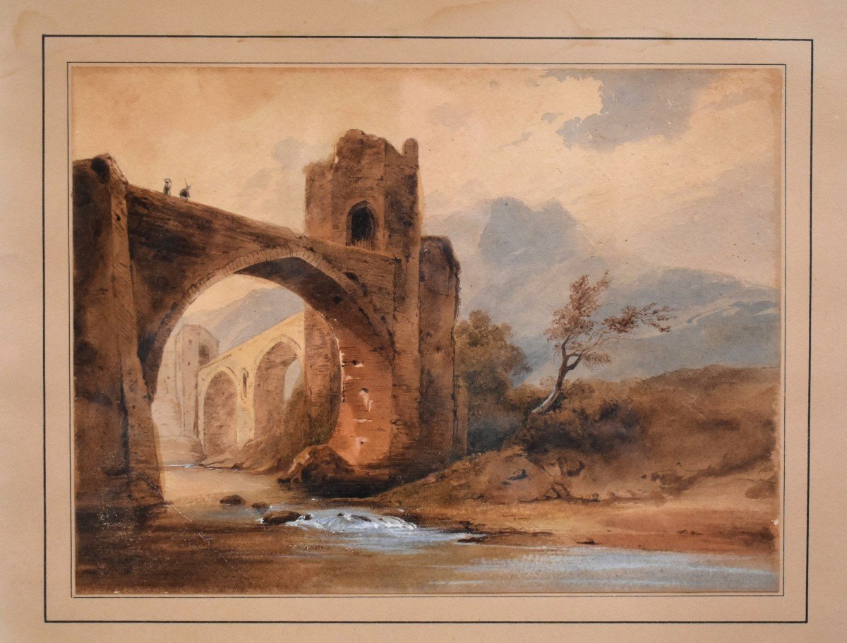 Aquarelle encadrée , Ecole Française De La Fin Du XIXe, Paysage Avec Pont et  Ruines Animés, petit cours d'eau ,  cadre doré.-photo-4