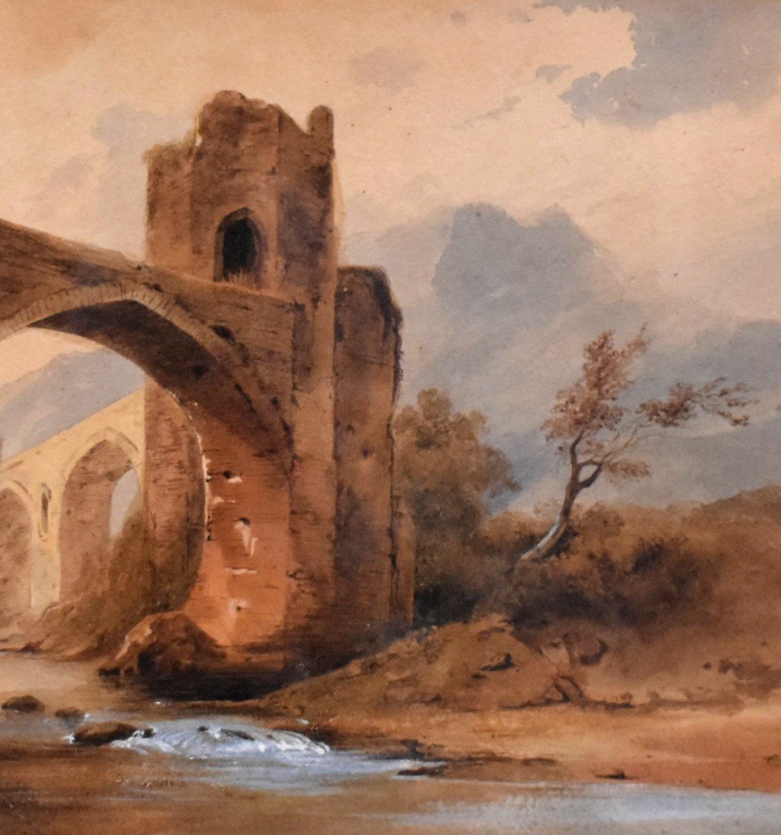 Aquarelle encadrée , Ecole Française De La Fin Du XIXe, Paysage Avec Pont et  Ruines Animés, petit cours d'eau ,  cadre doré.-photo-2