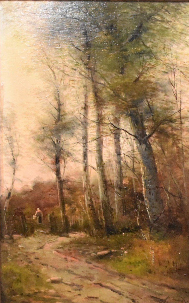 Ecole De Barbizon, Paul Armandi , Paysage Anim&eacute;, Tableau  Paysanne Sur Un Chemin De Campagne, XIXe , cadre Barbizon bois et stuc dor&eacute;.-photo-2