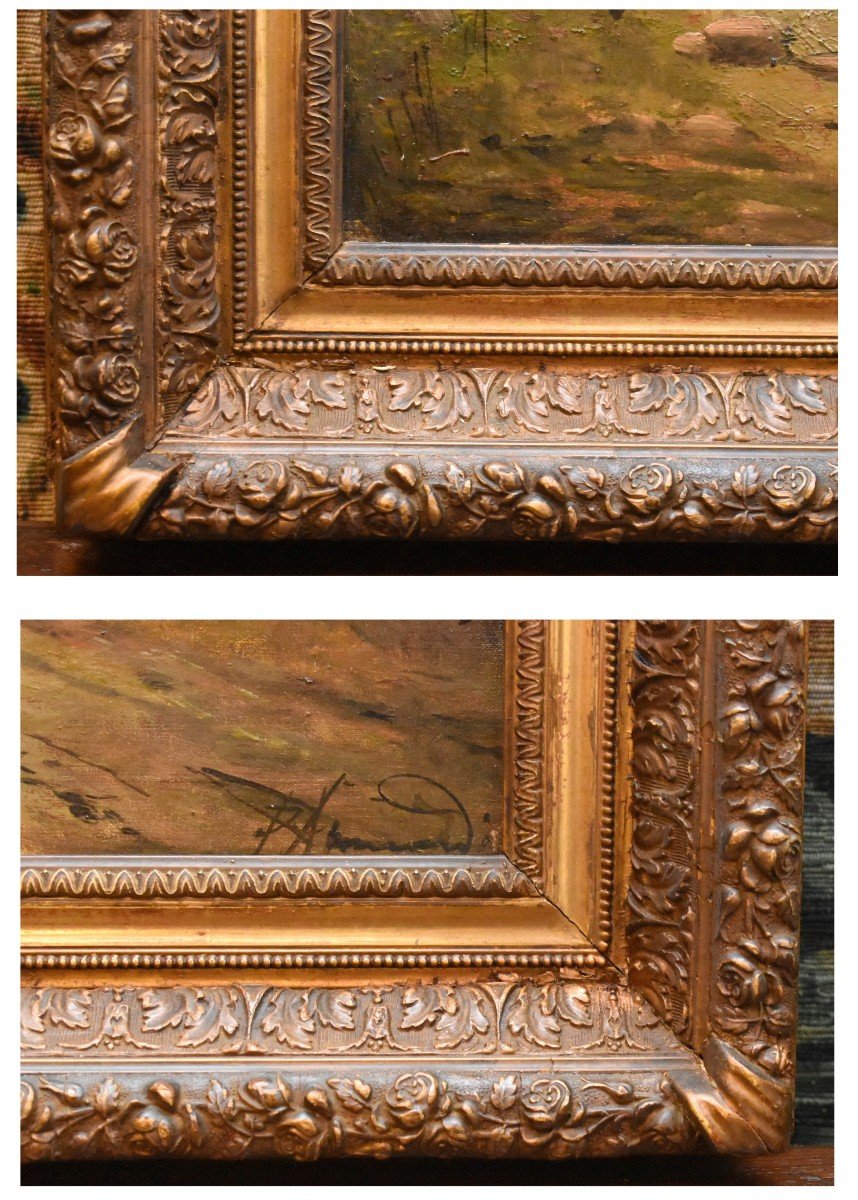 Ecole De Barbizon, Paul Armandi , Paysage Anim&eacute;, Tableau  Paysanne Sur Un Chemin De Campagne, XIXe , cadre Barbizon bois et stuc dor&eacute;.-photo-3
