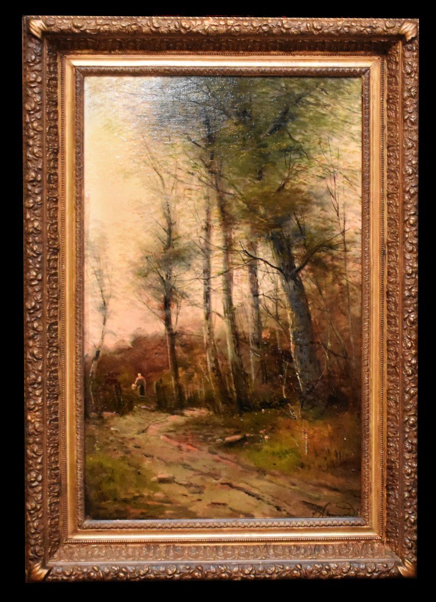 Ecole De Barbizon, Paul Armandi , Paysage Anim&eacute;, Tableau  Paysanne Sur Un Chemin De Campagne, XIXe , cadre Barbizon bois et stuc dor&eacute;.