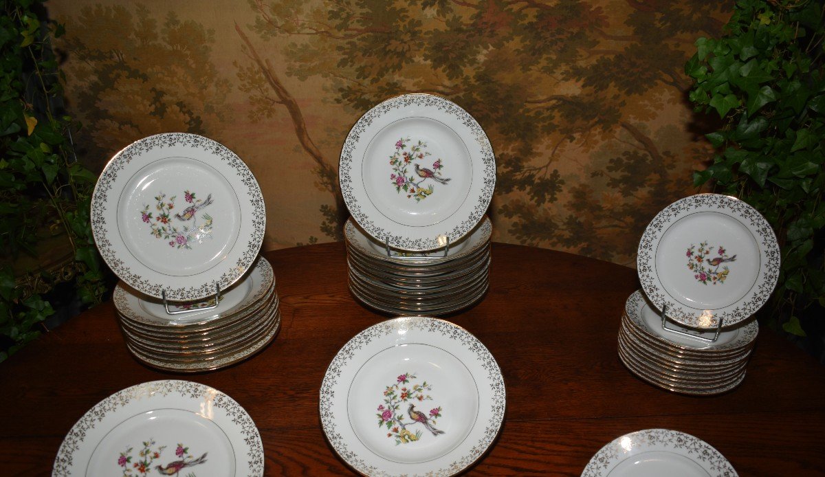 Service Part In Fine Porcelain From Limoges - Vierzon, Bird Of Paradise Decor-photo-1