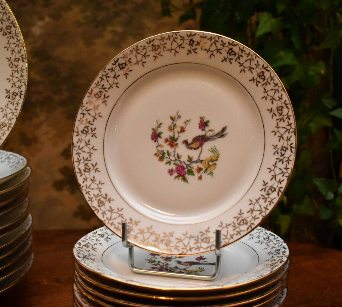 Service Part In Fine Porcelain From Limoges - Vierzon, Bird Of Paradise Decor-photo-4