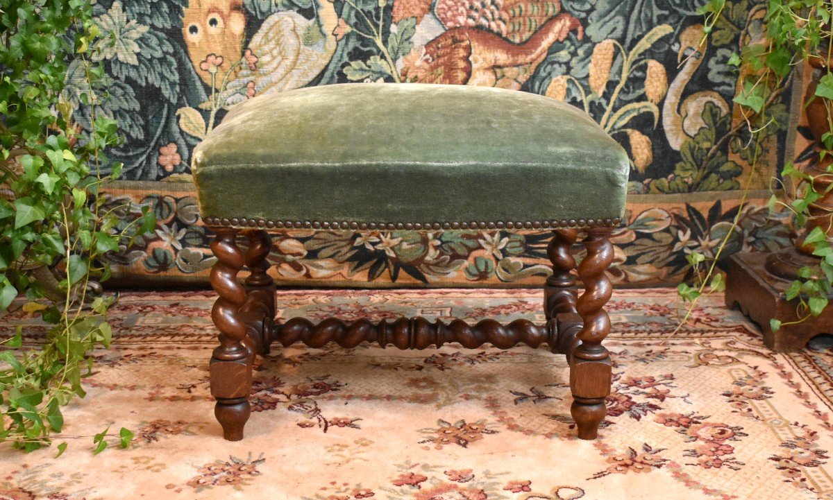 Louis XIII Style Stool, Solid Oak End, 19th Century Twisted Seat,-photo-3