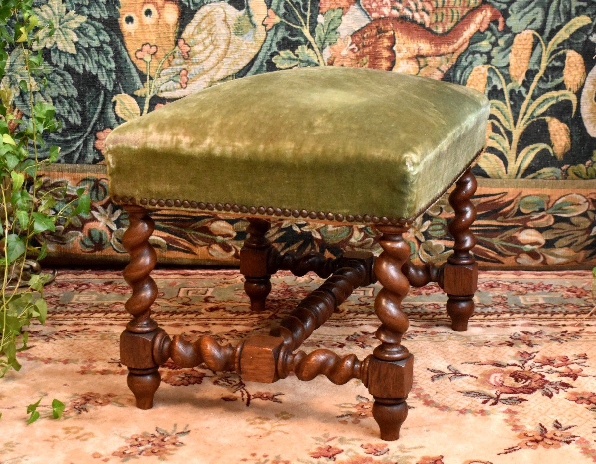 Louis XIII Style Stool, Solid Oak End, 19th Century Twisted Seat,-photo-4