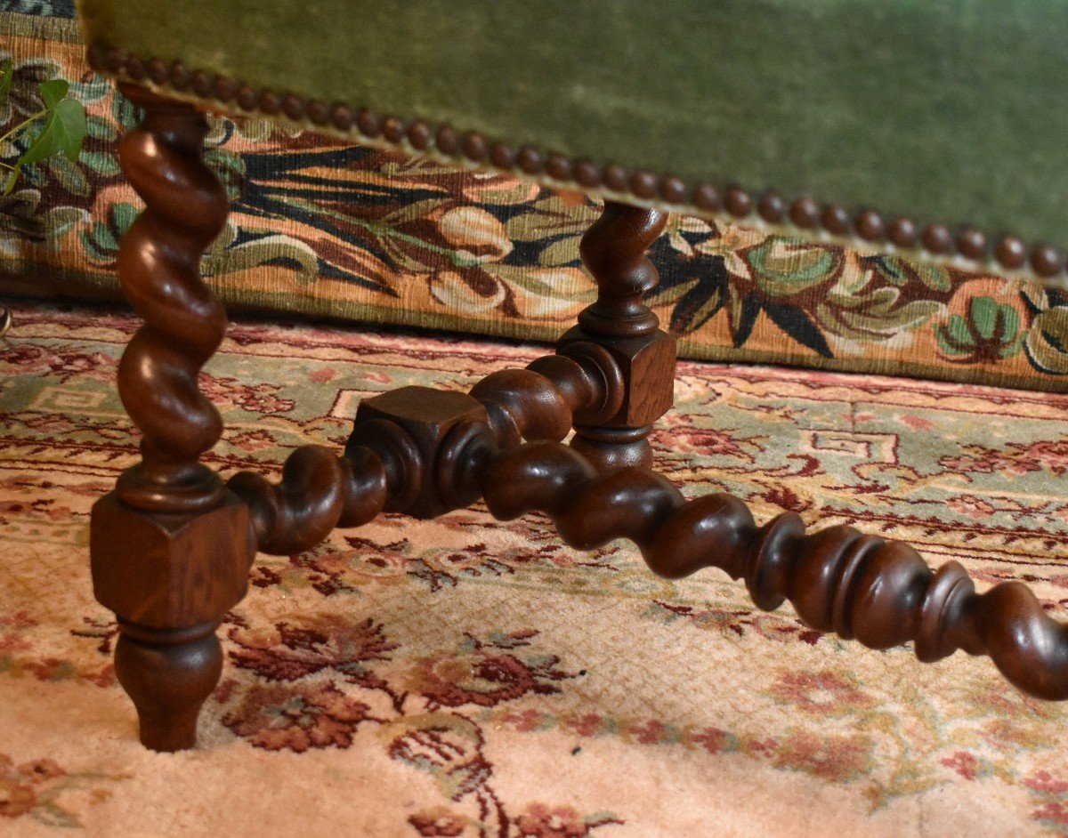 Louis XIII Style Stool, Solid Oak End, 19th Century Twisted Seat,-photo-2