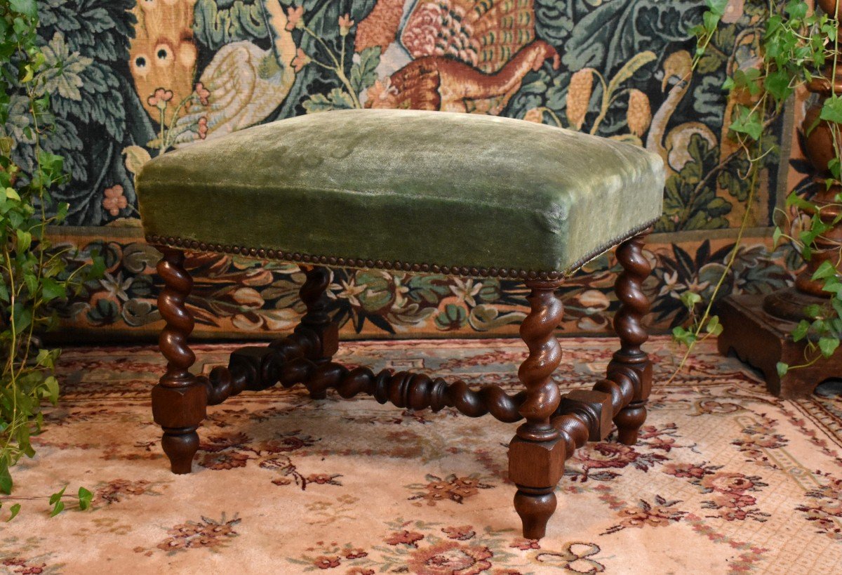 Louis XIII Style Stool, Solid Oak End, 19th Century Twisted Seat,-photo-5