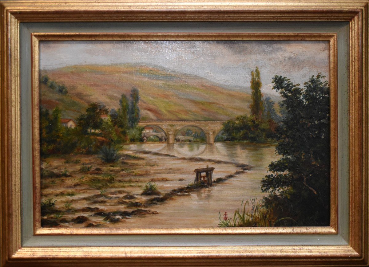 Lf Lamy, Late 19th Century, Mountain Landscape, River, Bridges And Lock In A Valley. Painting 1899.-photo-2