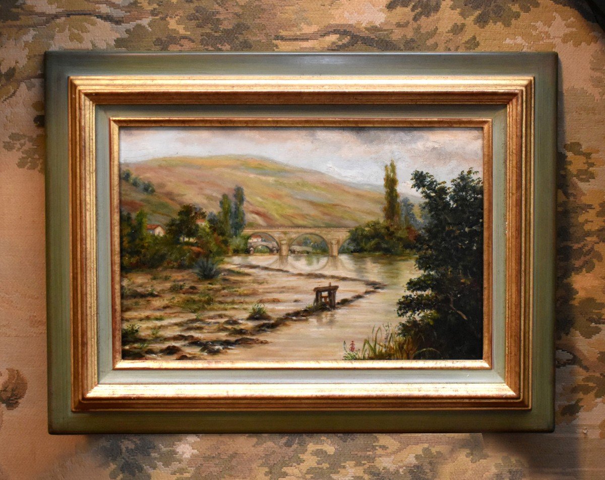 Lf Lamy, Late 19th Century, Mountain Landscape, River, Bridges And Lock In A Valley. Painting 1899.-photo-3