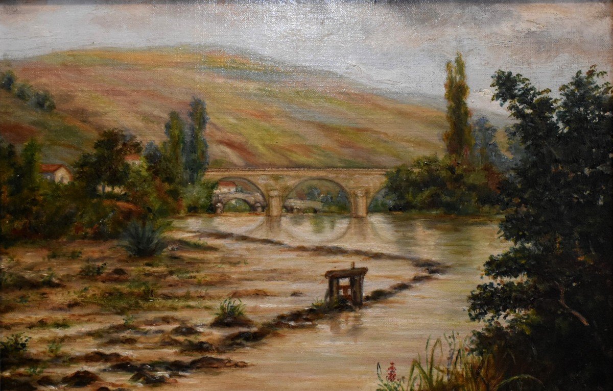 Lf Lamy, Late 19th Century, Mountain Landscape, River, Bridges And Lock In A Valley. Painting 1899.-photo-4