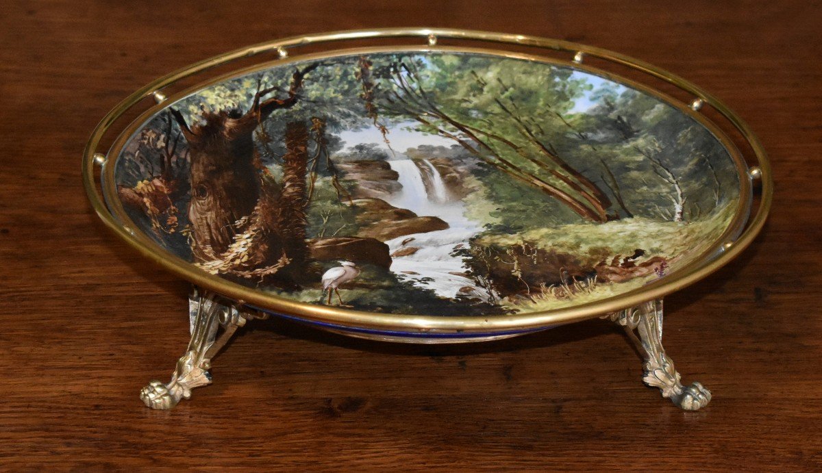 Large Cup With Hand Painted Decor, Porcelain Centerpiece, Dish Mounted On Bronze Base.-photo-3