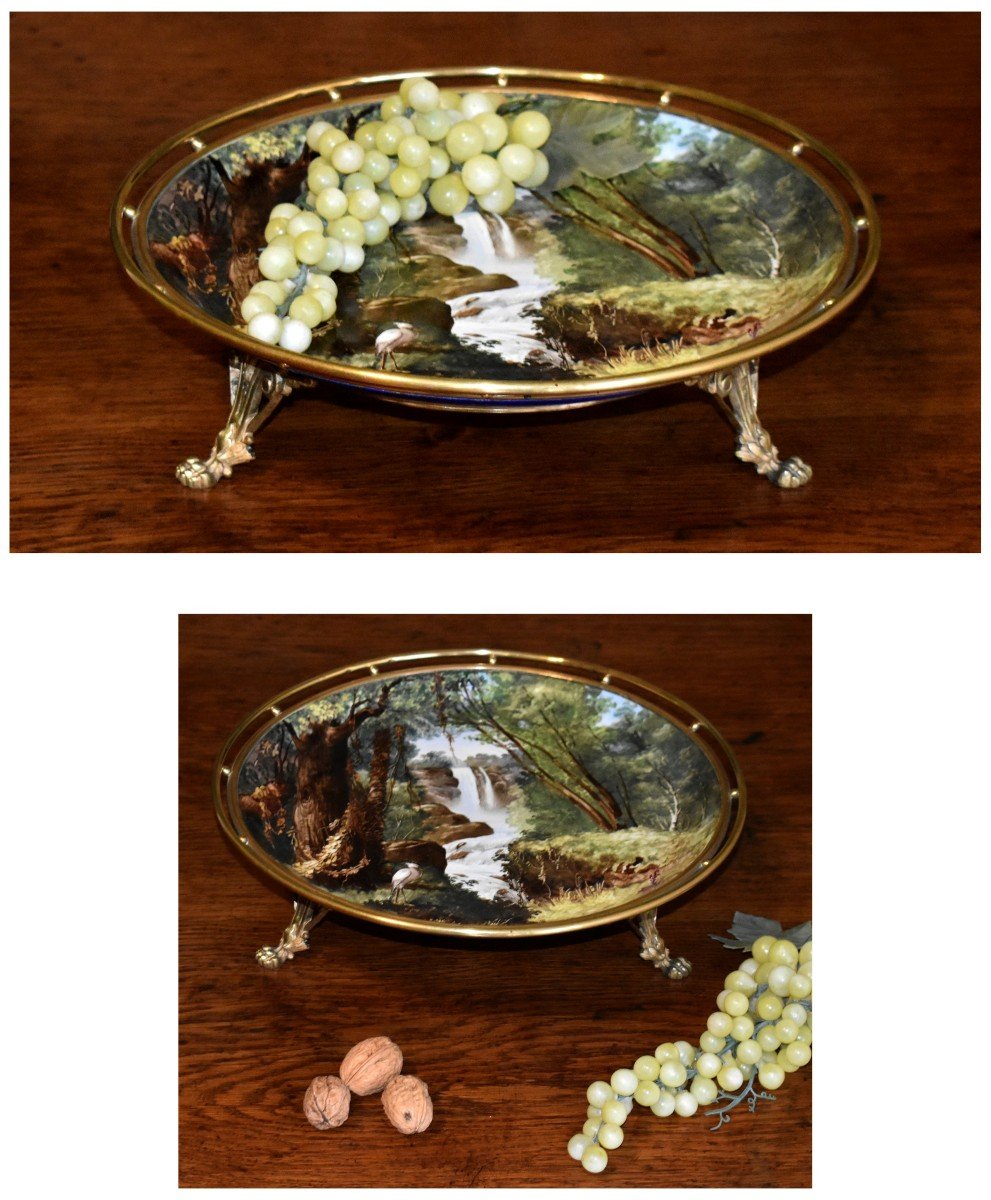 Large Cup With Hand Painted Decor, Porcelain Centerpiece, Dish Mounted On Bronze Base.-photo-4