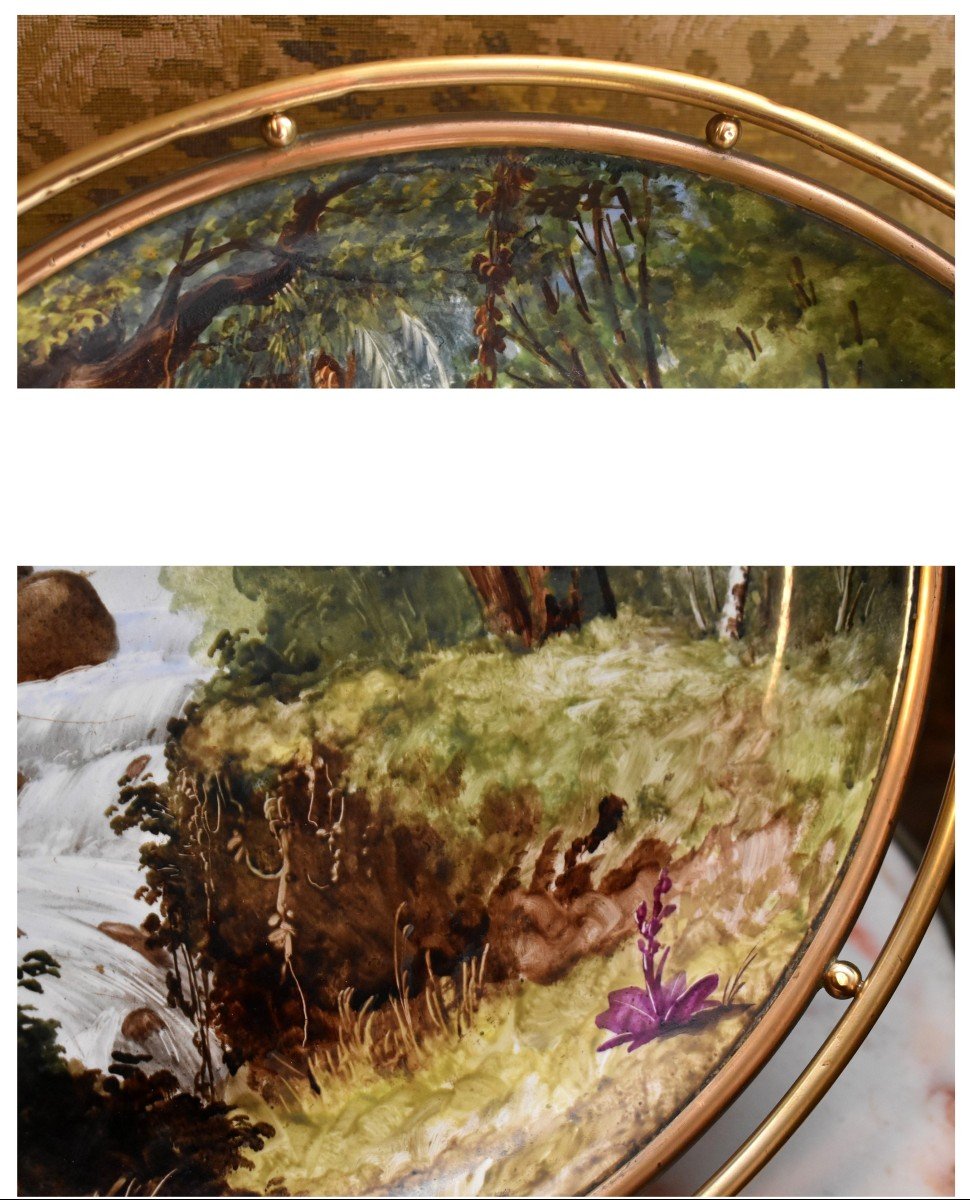 Grande Coupe Décor paysage Peint Main, Centre De Table En Porcelaine , Plat Monté Sur Socle En Bronze. décor de cascade , rivière et héron;-photo-6