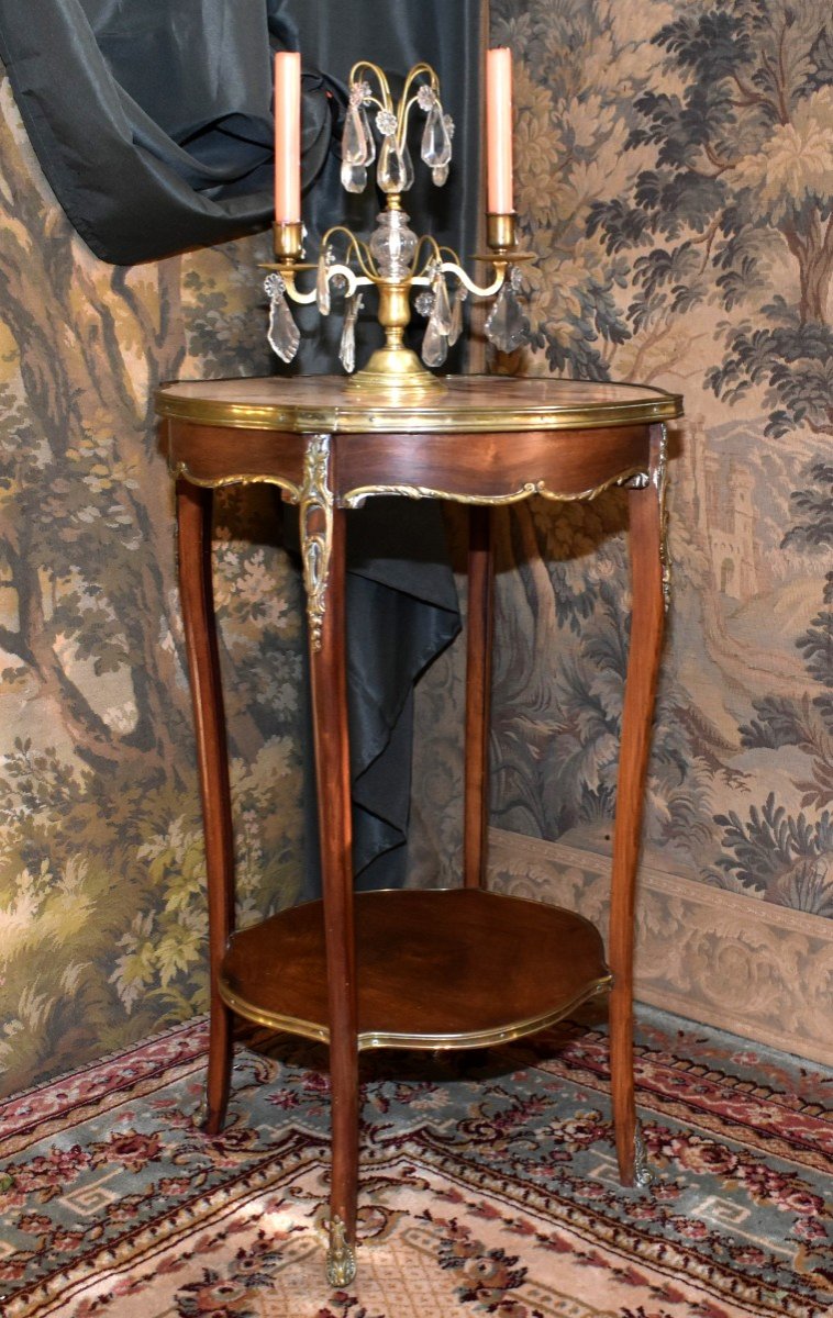 Guéridon De Style Louis XV Dessus Marbre Et Bronzes Ciselés , Table De Milieu Ou d'Appoint XIXe