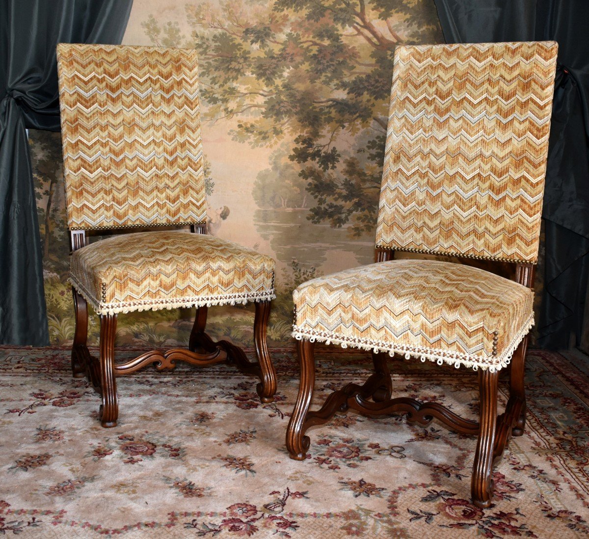 Pair Of Louis XIV Style Chairs In Walnut With Console Legs, Velvet Fabric With Herringbone Pattern-photo-2