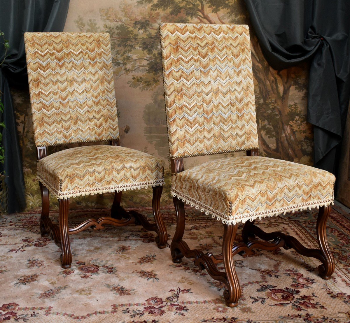 Pair Of Louis XIV Style Chairs In Walnut With Console Legs, Velvet Fabric With Herringbone Pattern-photo-3