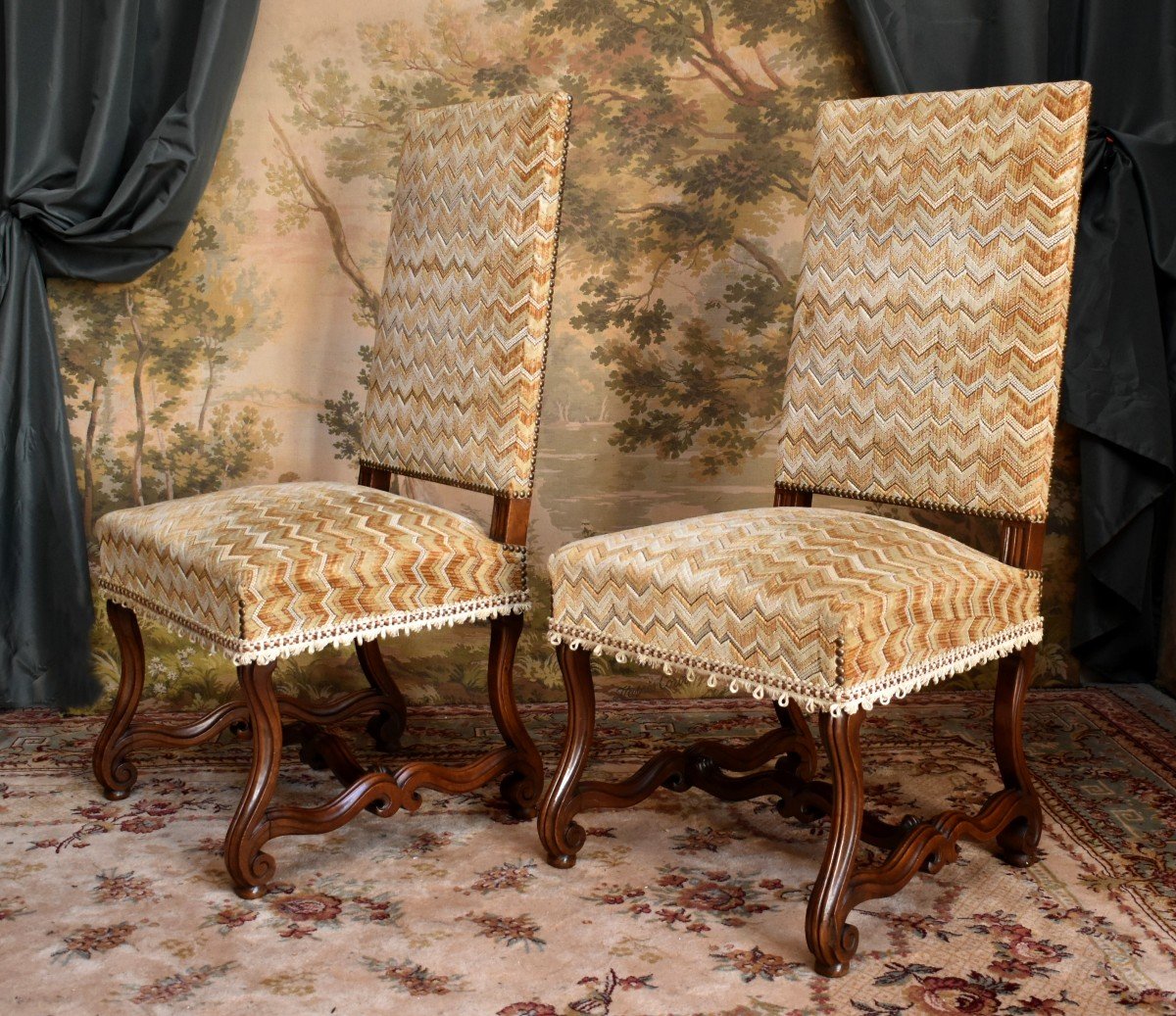 Pair Of Louis XIV Style Chairs In Walnut With Console Legs, Velvet Fabric With Herringbone Pattern-photo-4