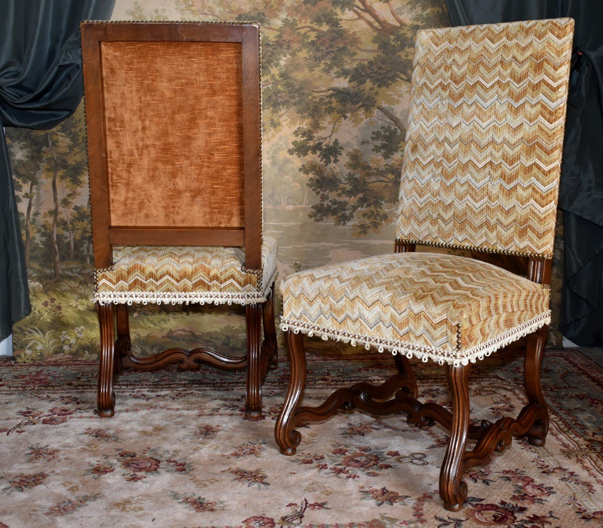 Pair Of Louis XIV Style Chairs In Walnut With Console Legs, Velvet Fabric With Herringbone Pattern-photo-1