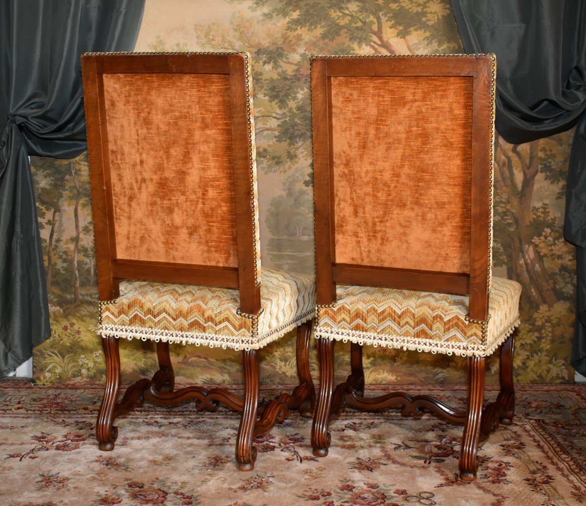 Pair Of Louis XIV Style Chairs In Walnut With Console Legs, Velvet Fabric With Herringbone Pattern-photo-2