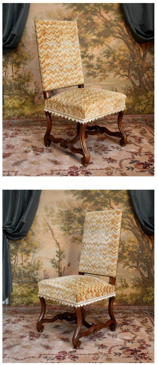 Pair Of Louis XIV Style Chairs In Walnut With Console Legs, Velvet Fabric With Herringbone Pattern-photo-3