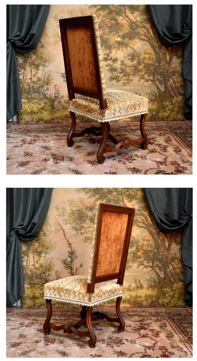 Pair Of Louis XIV Style Chairs In Walnut With Console Legs, Velvet Fabric With Herringbone Pattern-photo-4