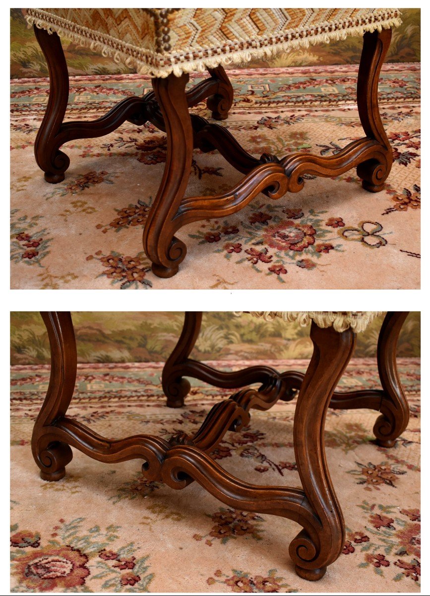 Pair Of Louis XIV Style Chairs In Walnut With Console Legs, Velvet Fabric With Herringbone Pattern-photo-5