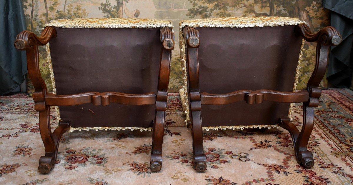 Pair Of Louis XIV Style Chairs In Walnut With Console Legs, Velvet Fabric With Herringbone Pattern-photo-8