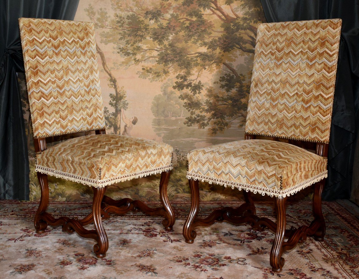 Pair Of Louis XIV Style Chairs In Walnut With Console Legs, Velvet Fabric With Herringbone Pattern