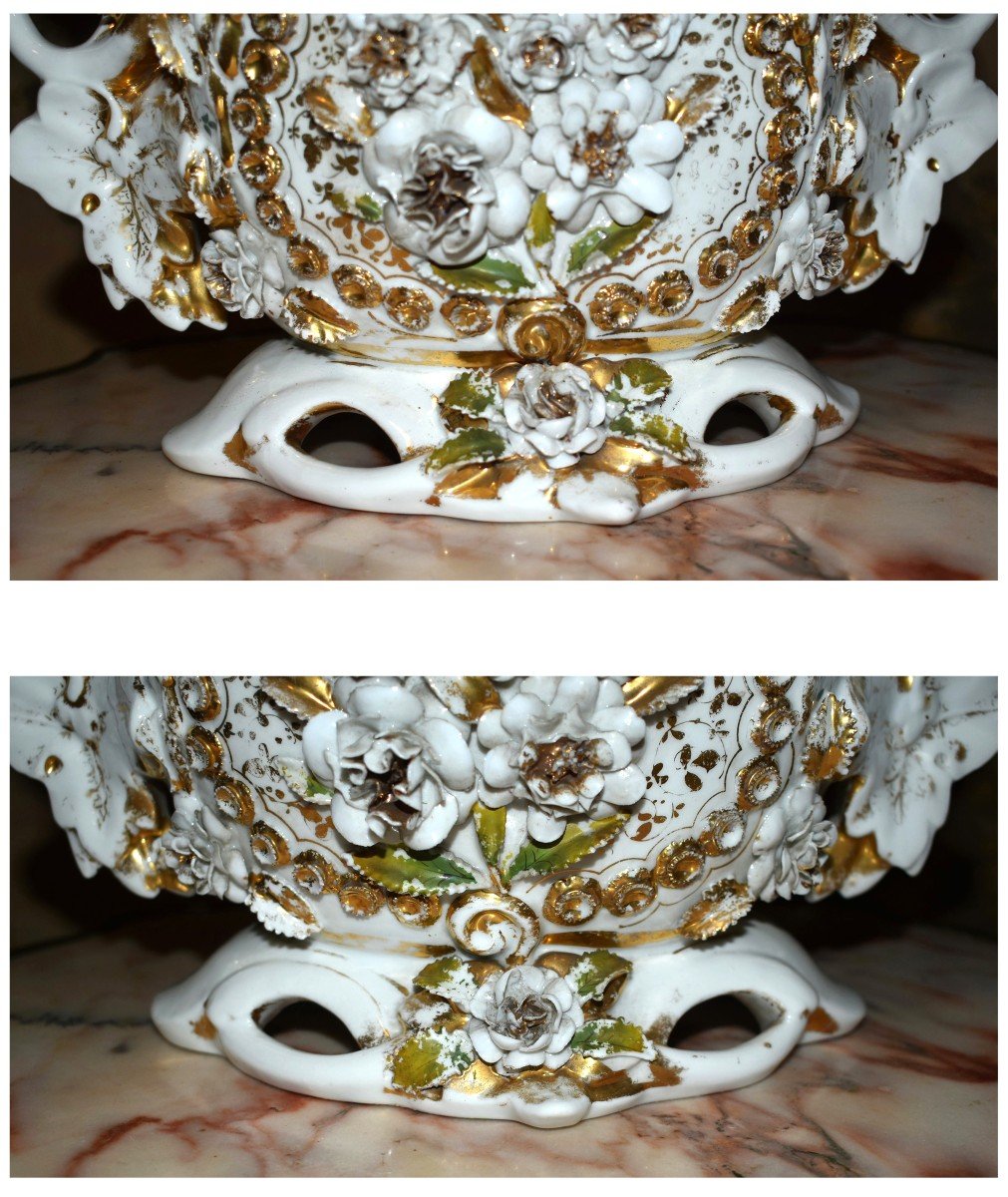 Grande Coupe, Important Vase En Porcelaine De Limoges, Jardinière Napoléon III à Décor En Relief. XIXe.-photo-2